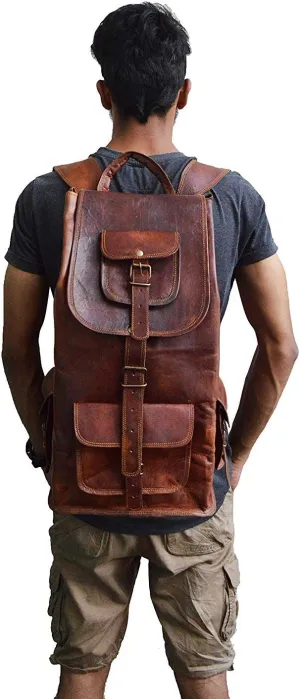 18" Brown Leather Backpack Vintage Rucksack Laptop Bag Water Resistant Casual Daypack College Bookbag Comfortable Lightweight Travel Hiking/Picnic for Men