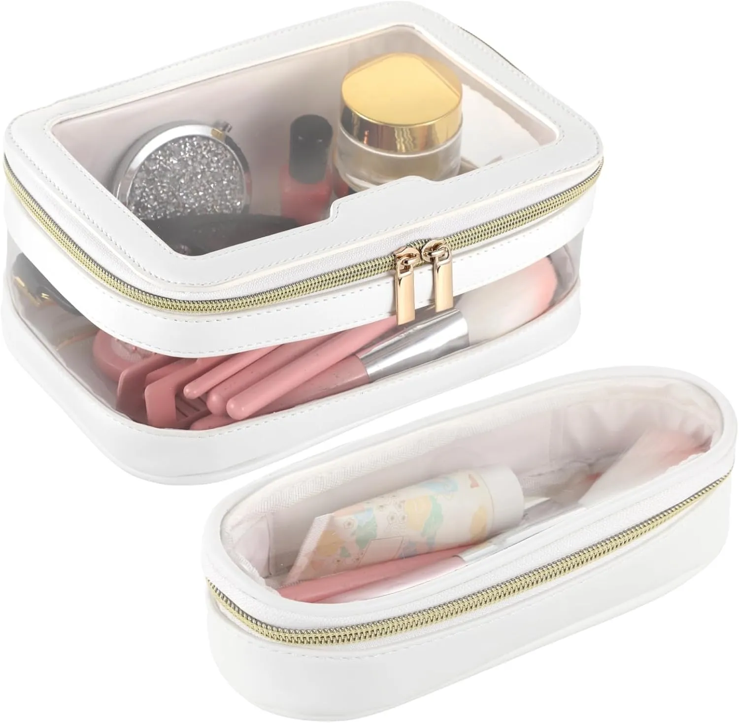 2 Pcs Clear Makeup Bags, Transparent Travel Bags for Toiletries, Large and Small Cosmetic Storage Bags, Waterproof Leather Makeup Brush Cases with Clear Windows