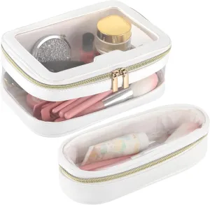 2 Pcs Clear Makeup Bags, Transparent Travel Bags for Toiletries, Large and Small Cosmetic Storage Bags, Waterproof Leather Makeup Brush Cases with Clear Windows
