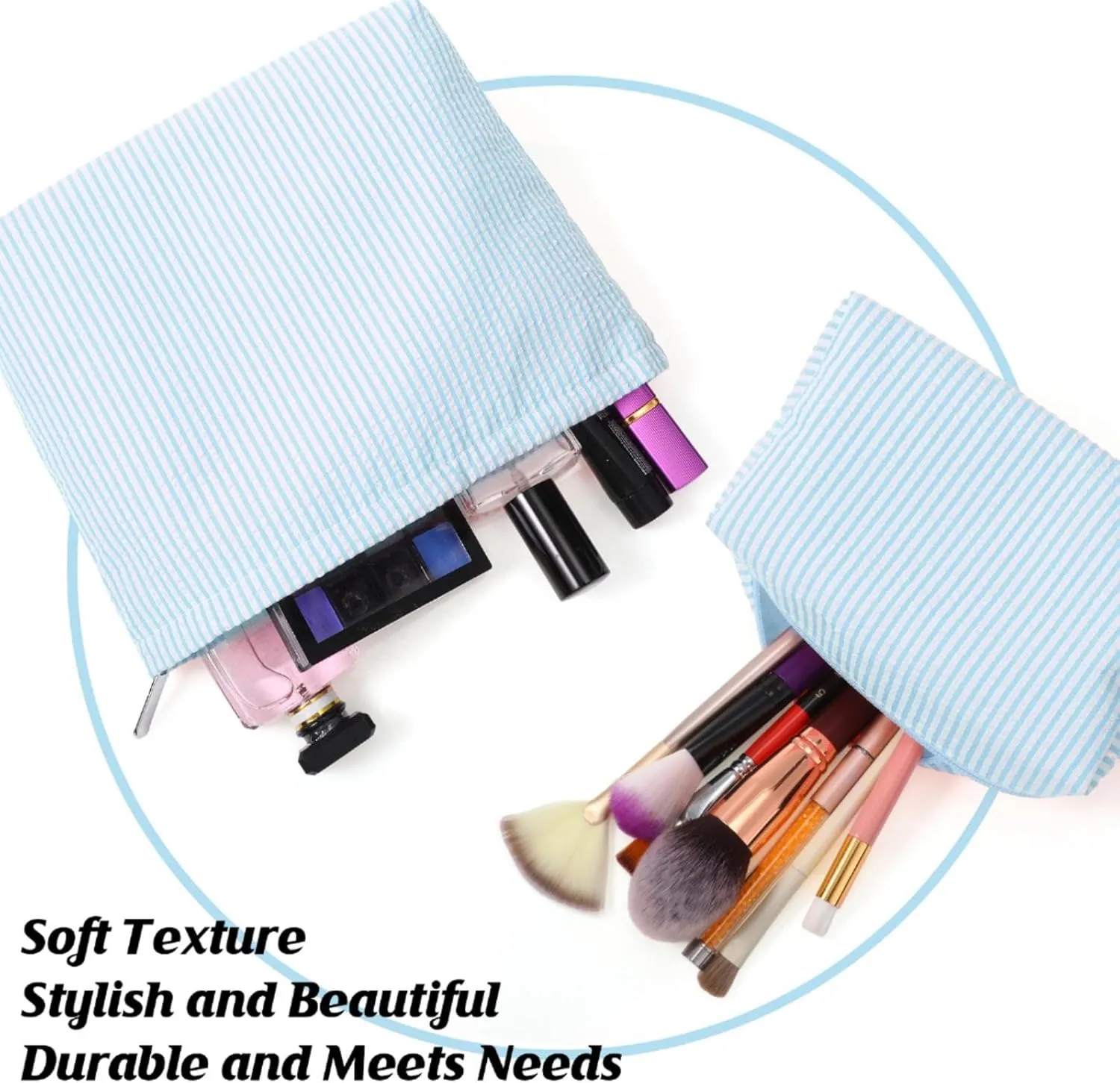 2 Pieces Makeup Bag Set Cute Cosmetic Pouch for Women Travel Toiletry Bag Preppy Small Makeup Purse Pouch Aesthetic Skincare Brushes Storage Organizer for Women(Light Blue)