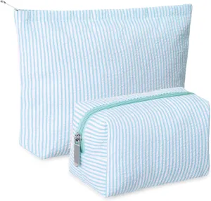 2 Pieces Makeup Bag Set Cute Cosmetic Pouch for Women Travel Toiletry Bag Preppy Small Makeup Purse Pouch Aesthetic Skincare Brushes Storage Organizer for Women(Light Blue)