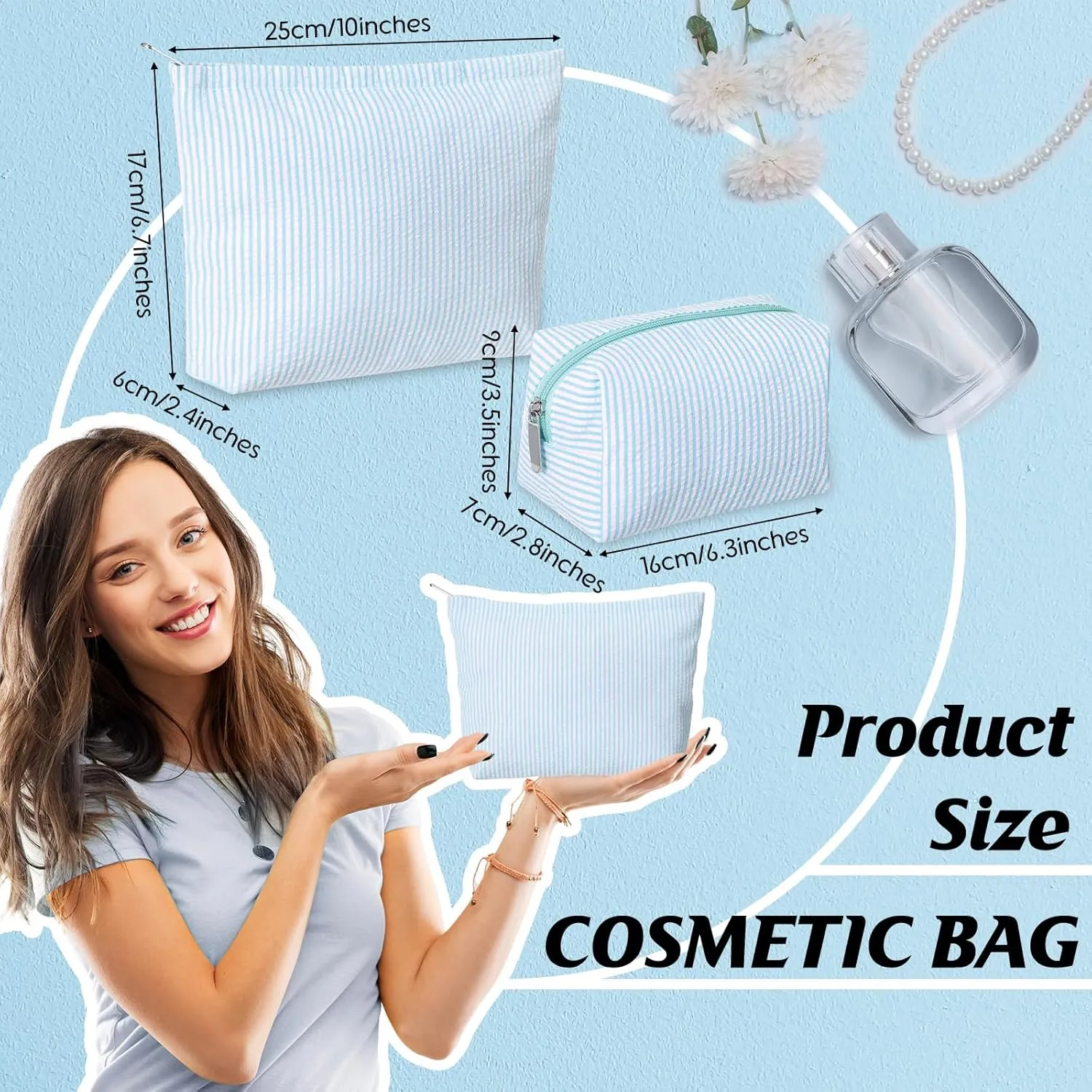 2 Pieces Makeup Bag Set Cute Cosmetic Pouch for Women Travel Toiletry Bag Preppy Small Makeup Purse Pouch Aesthetic Skincare Brushes Storage Organizer for Women(Light Blue)