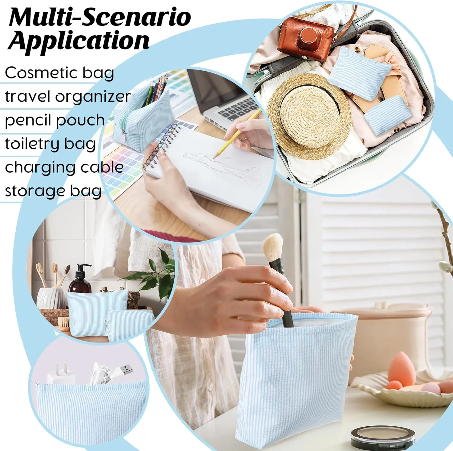 2 Pieces Makeup Bag Set Cute Cosmetic Pouch for Women Travel Toiletry Bag Preppy Small Makeup Purse Pouch Aesthetic Skincare Brushes Storage Organizer for Women(Light Blue)