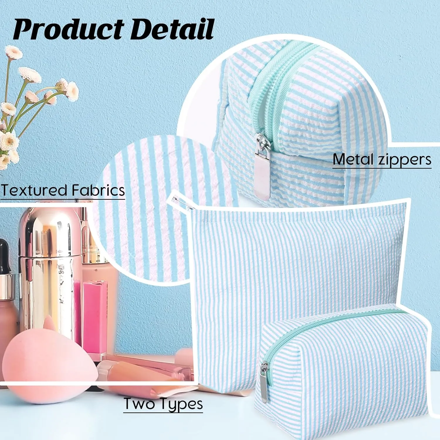 2 Pieces Makeup Bag Set Cute Cosmetic Pouch for Women Travel Toiletry Bag Preppy Small Makeup Purse Pouch Aesthetic Skincare Brushes Storage Organizer for Women(Light Blue)