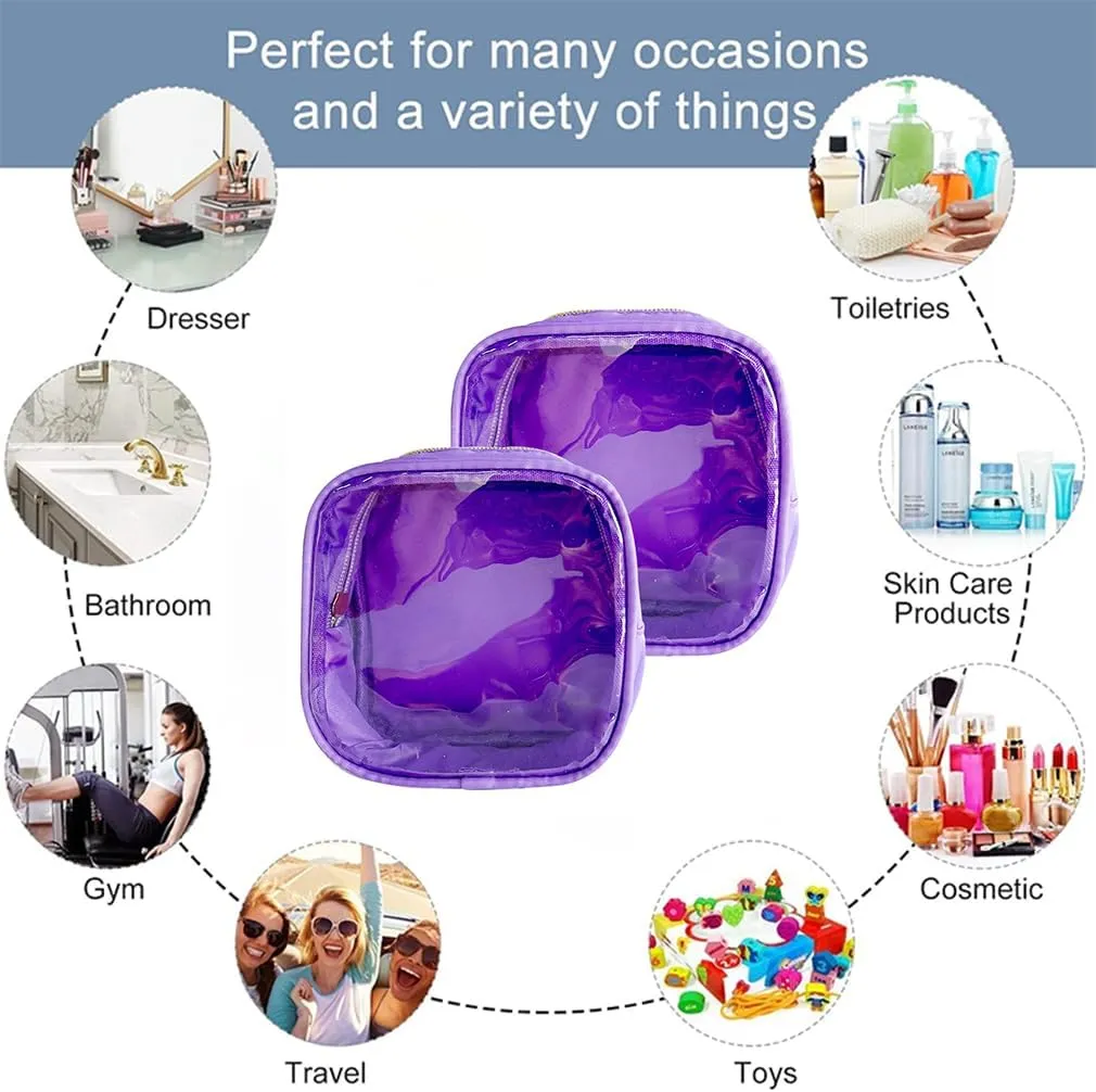 2PCS Solid Cosmetic Bag and Travel Pouch-Durable PVC Material,Versatile,Zipper Design for Smooth Sliding-Ideal for Makeup,Travel Essentials (2PCS-Purple)