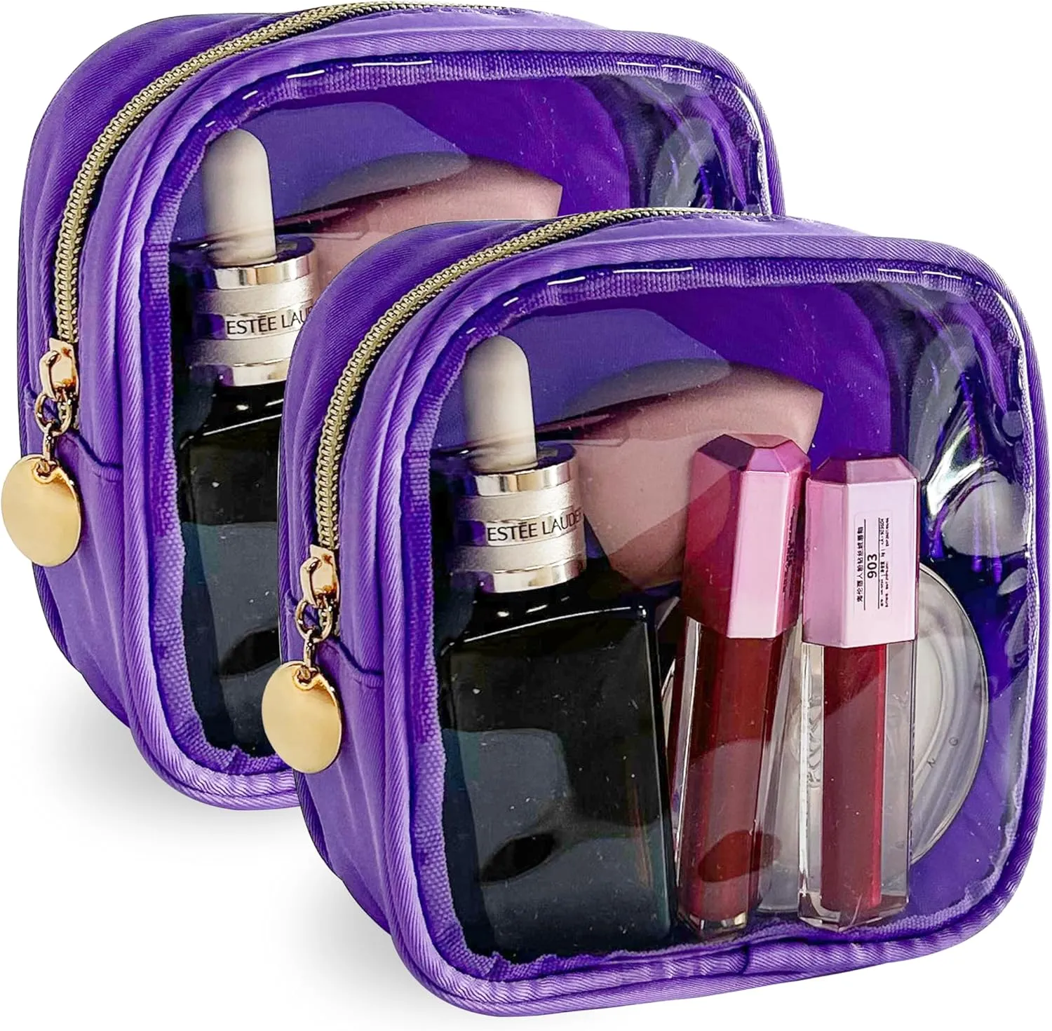 2PCS Solid Cosmetic Bag and Travel Pouch-Durable PVC Material,Versatile,Zipper Design for Smooth Sliding-Ideal for Makeup,Travel Essentials (2PCS-Purple)