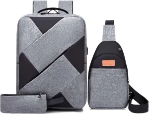 3-Piece Laptop Backpack Set, 15.6-Inch for Men & Women, Water-Repellent, Durable, Lightweight, Sleek & Clean Design, Ideal for Travel & Business Casual, Gray