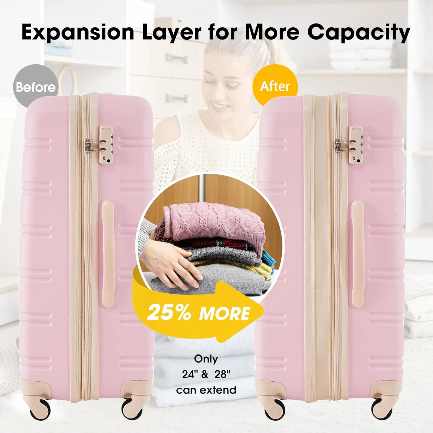 3 Piece Luggage Set Hardside Spinner Suitcase with TSA Lock, Expandable 20" 24" 28" Travel Bags (Light Pink)