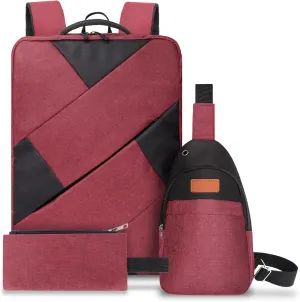 3 Pieces Set Laptop Backpack, 15.6 Inch Men Women Laptop/Tablet, Durable, Water-Repellent, Lightweight, Clean Design, Sleek for Travel, Business Casual or College, Red