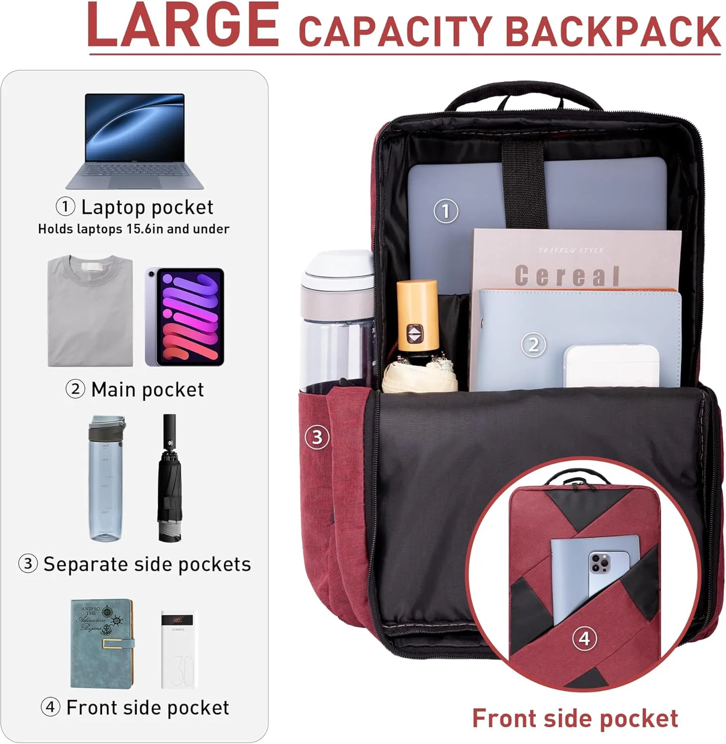 3 Pieces Set Laptop Backpack, 15.6 Inch Men Women Laptop/Tablet, Durable, Water-Repellent, Lightweight, Clean Design, Sleek for Travel, Business Casual or College, Red
