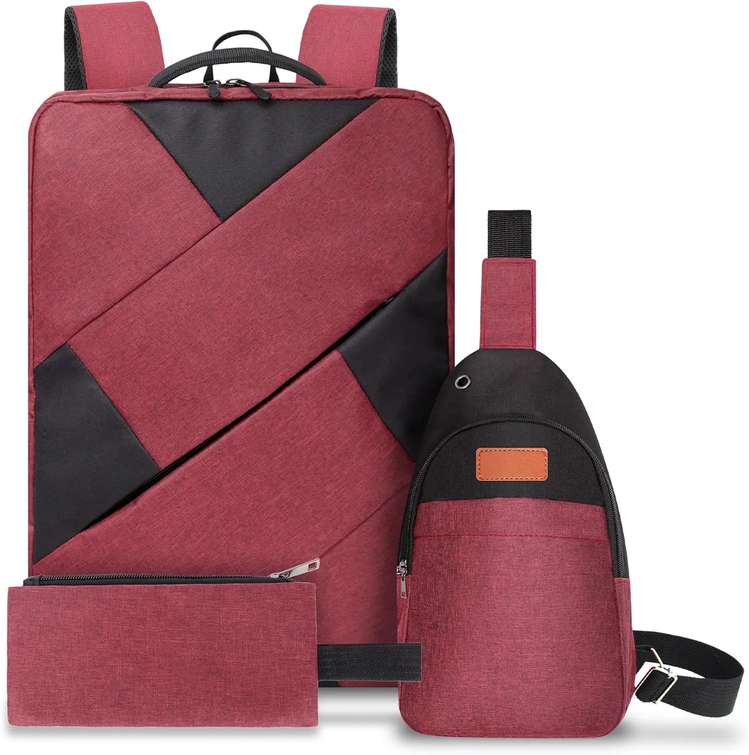 3 Pieces Set Laptop Backpack, 15.6 Inch Men Women Laptop/Tablet, Durable, Water-Repellent, Lightweight, Clean Design, Sleek for Travel, Business Casual or College, Red