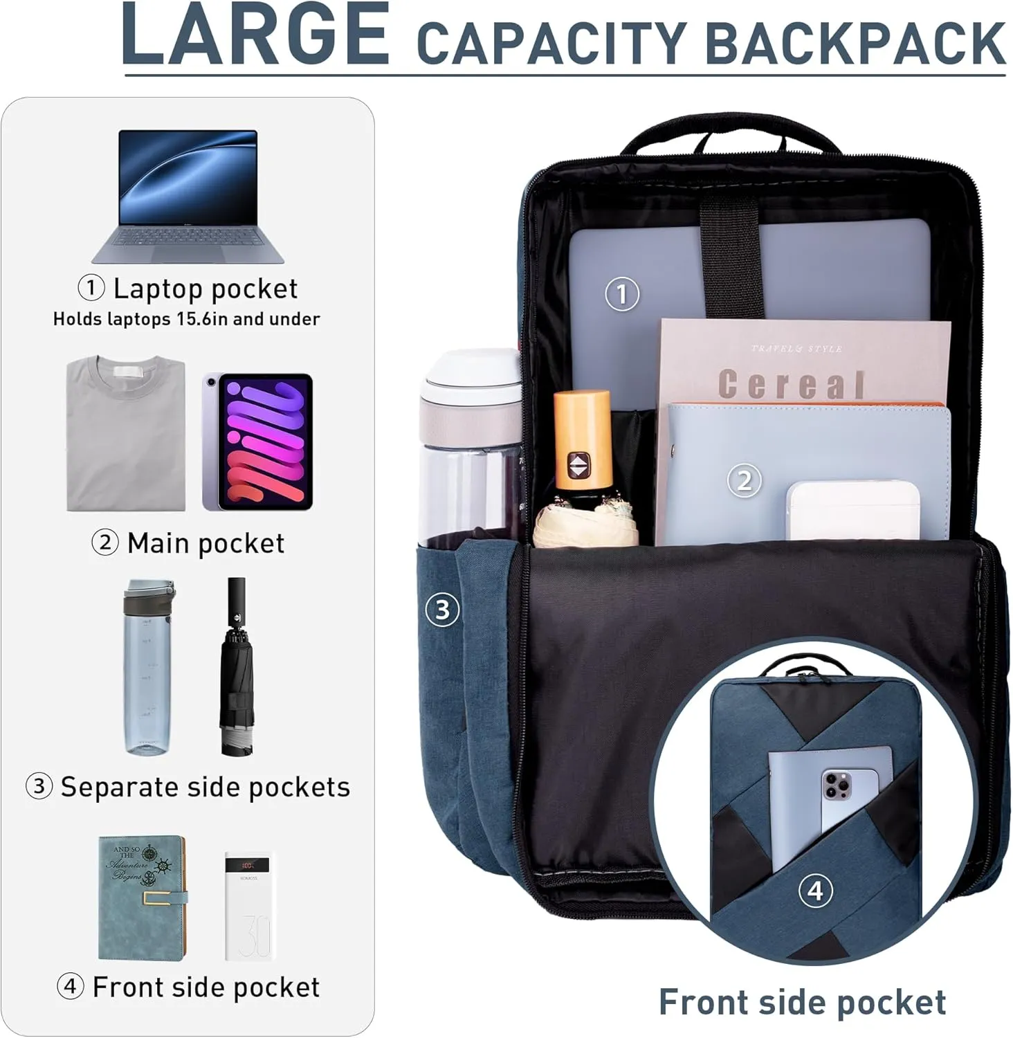 3 Pieces Set Laptop Backpack,15.6 Inch Men Women Laptop/Tablet, Durable, Water-Repellent, Lightweight, Clean Design, Sleek for Travel, Business Casual or College, Blue