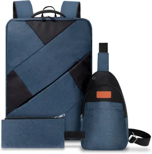 3 Pieces Set Laptop Backpack,15.6 Inch Men Women Laptop/Tablet, Durable, Water-Repellent, Lightweight, Clean Design, Sleek for Travel, Business Casual or College, Blue