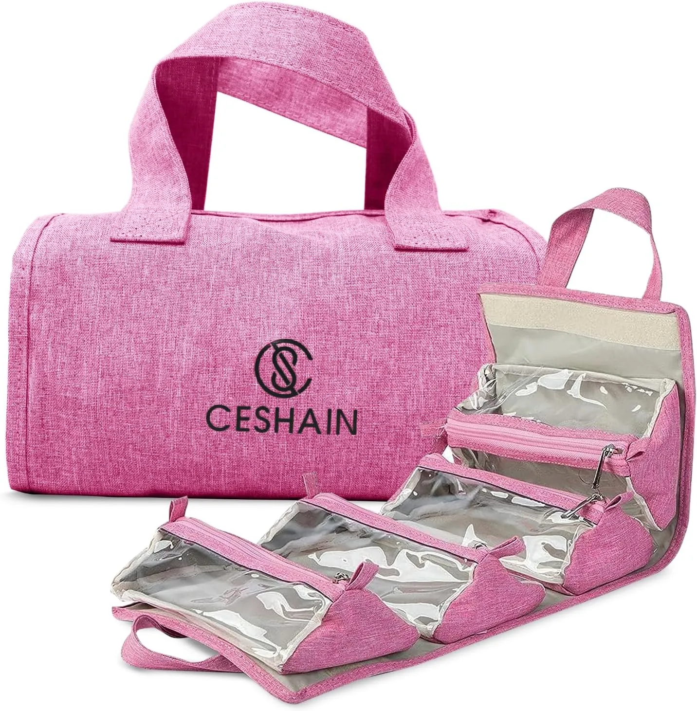 4-in-1 Hanging Toiletry bag - Roll-Up Makeup Bag - 4 Detachable PVC Zip Pouches  600D Oxford Fabric, Versatile Travel Toiletry Organizer Bag - Makeup, Cosmetics, First Aid, Medicine Personal Care,