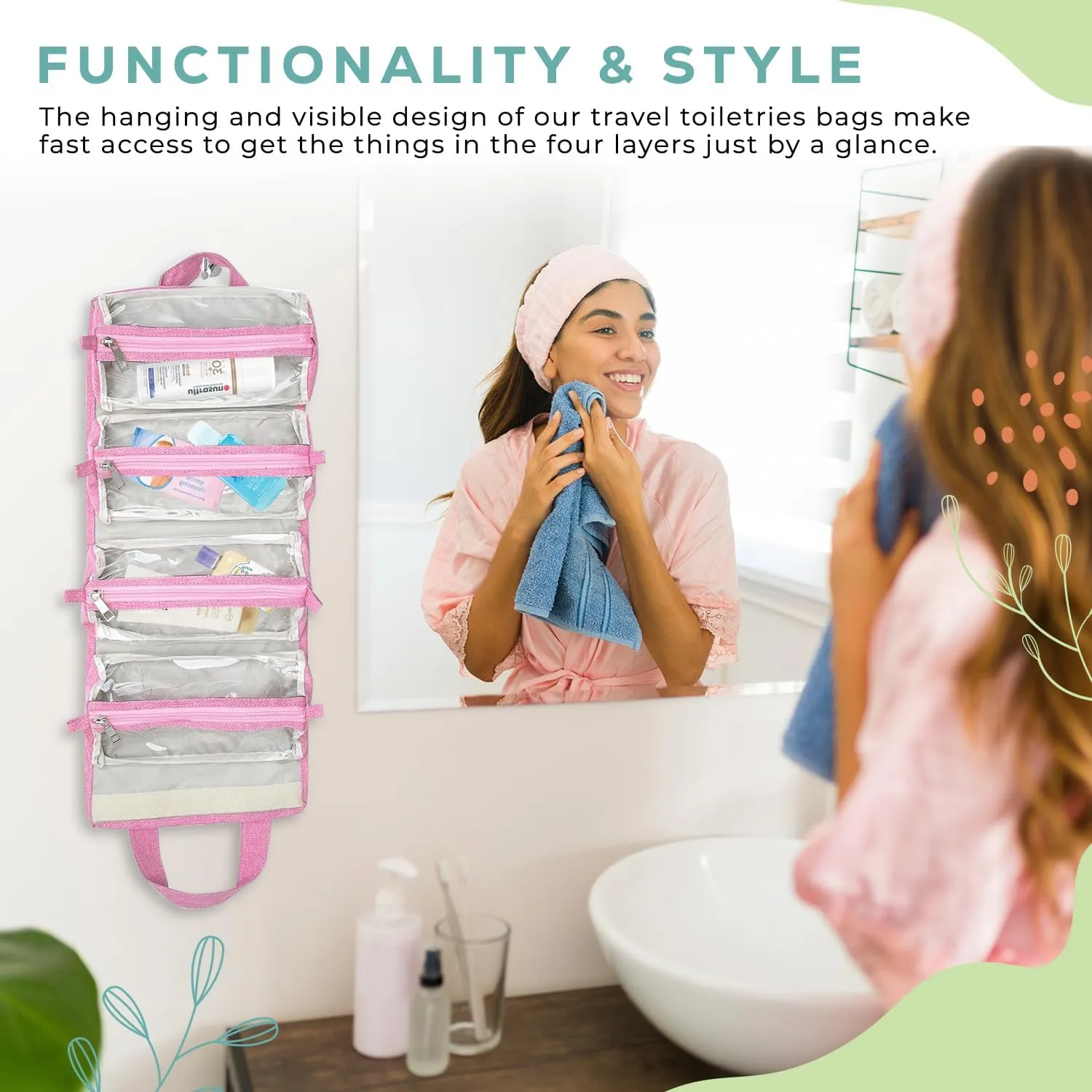 4-in-1 Hanging Toiletry bag - Roll-Up Makeup Bag - 4 Detachable PVC Zip Pouches  600D Oxford Fabric, Versatile Travel Toiletry Organizer Bag - Makeup, Cosmetics, First Aid, Medicine Personal Care,