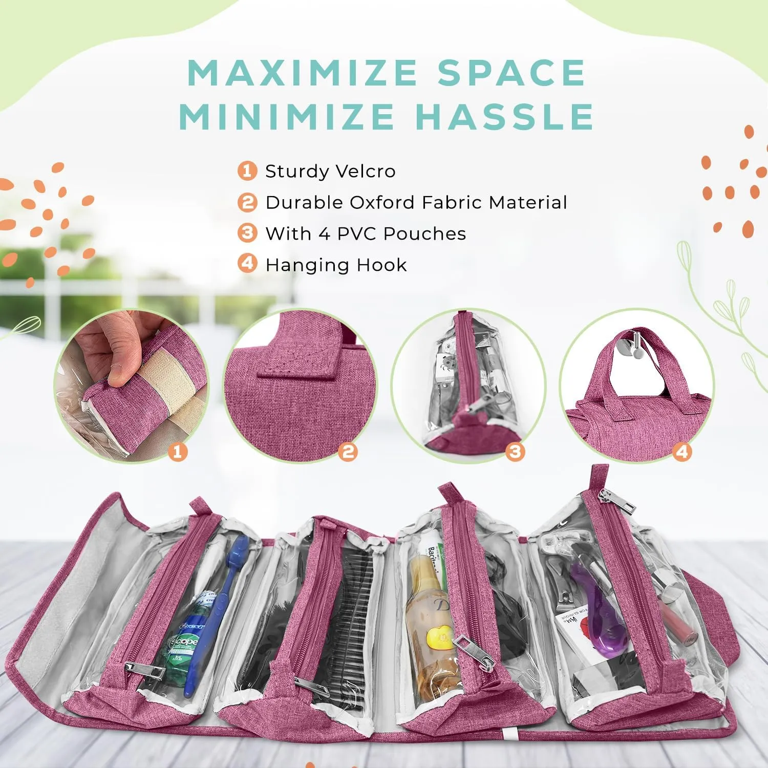 4-in-1 Hanging Toiletry bag - Roll-Up Makeup Bag - 4 Detachable PVC Zip Pouches  600D Oxford Fabric, Versatile Travel Toiletry Organizer Bag - Makeup, Cosmetics, First Aid, Medicine Personal Care,