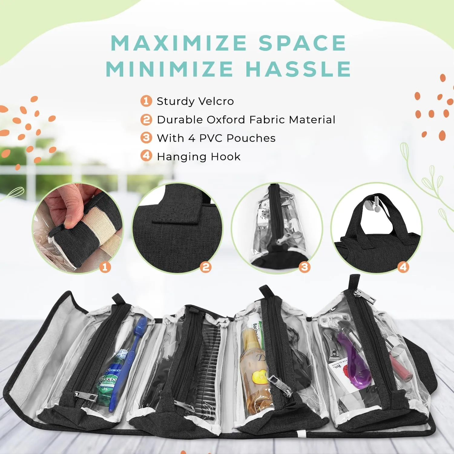 4-in-1 Hanging Toiletry bag - Roll-Up Makeup Bag - 4 Detachable PVC Zip Pouches  600D Oxford Fabric, Versatile Travel Toiletry Organizer Bag - Makeup, Cosmetics, First Aid, Medicine Personal Care,