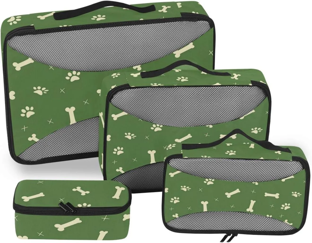 4 Pcs set suitcase organizer bags Mesh Travel Essentials Paw Prints Green lightweight cubes for diaper bag