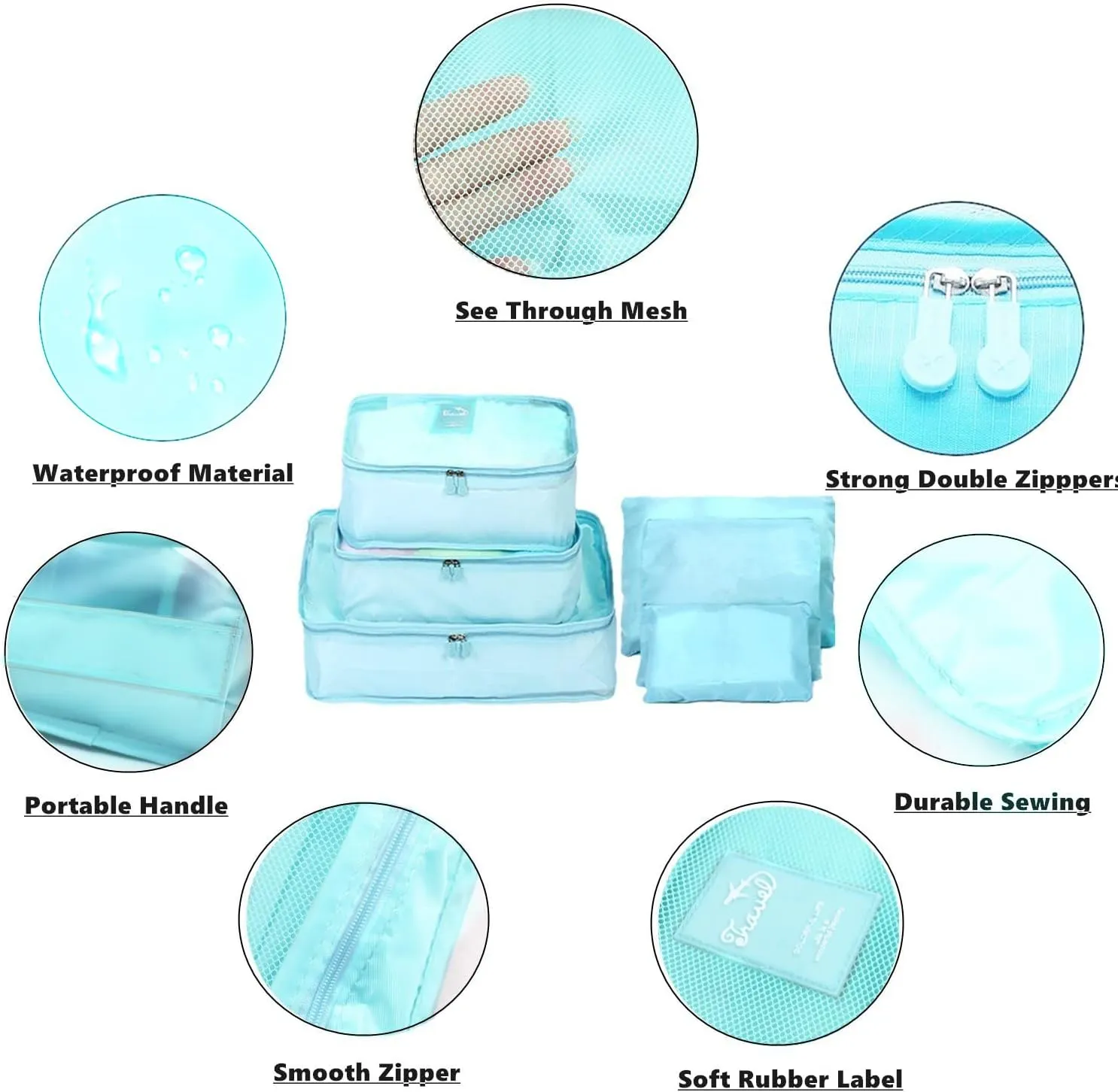 6 PCS Travel Luggage Organizer Bags, Packing Cubes Compression, Travel Storage Bags Organizers, Travel Cubes Laundry Pouches for Backpack Suitcases Clothes Underwear (Light Blue)