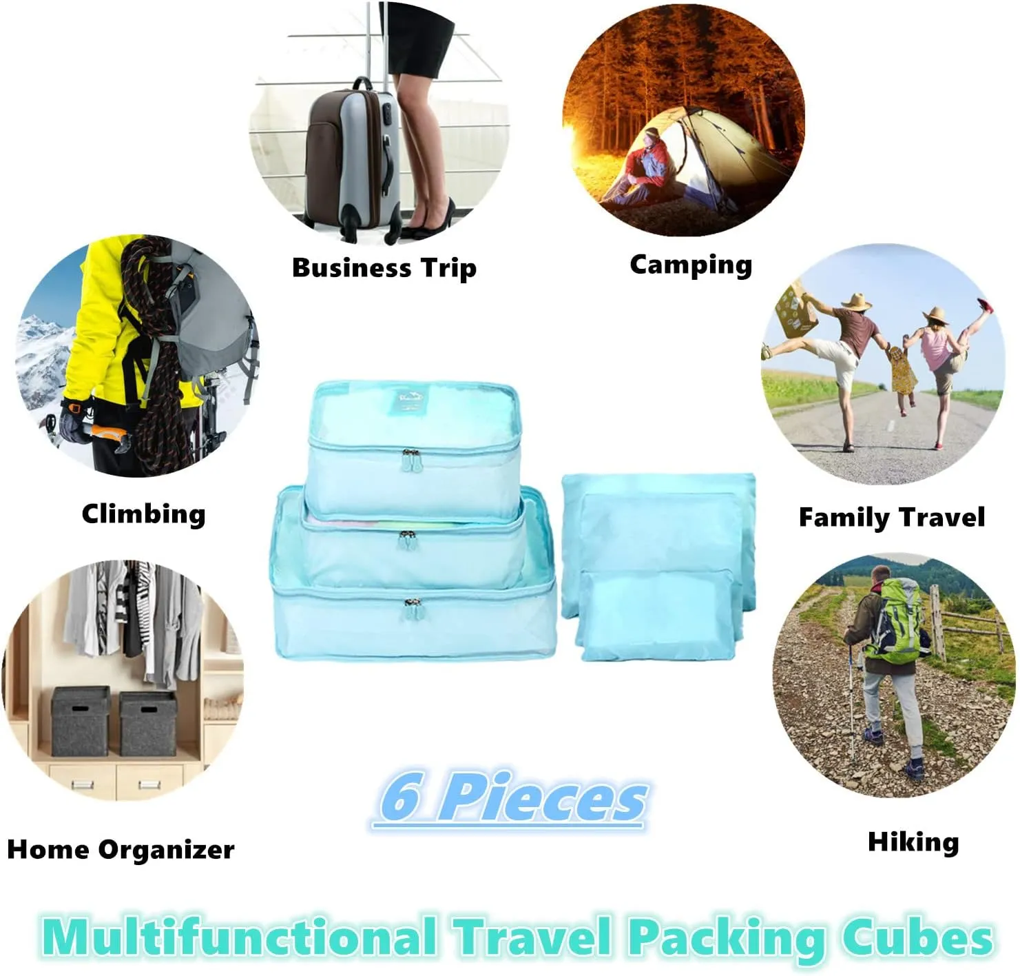 6 PCS Travel Luggage Organizer Bags, Packing Cubes Compression, Travel Storage Bags Organizers, Travel Cubes Laundry Pouches for Backpack Suitcases Clothes Underwear (Light Blue)