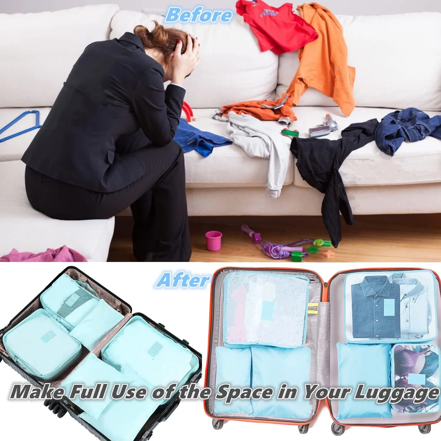 6 PCS Travel Luggage Organizer Bags, Packing Cubes Compression, Travel Storage Bags Organizers, Travel Cubes Laundry Pouches for Backpack Suitcases Clothes Underwear (Light Blue)