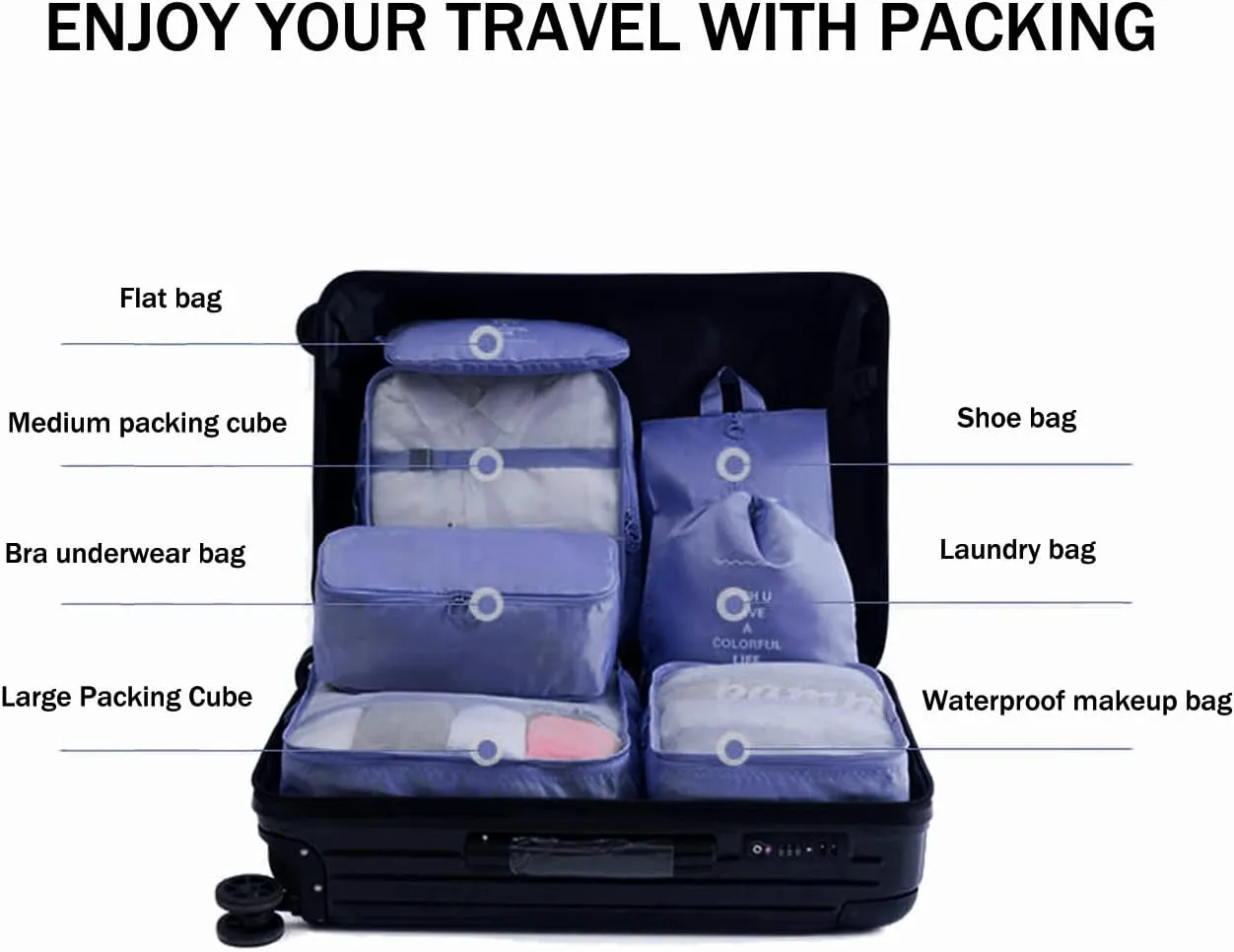7 Set Packing Cubes for Suitcases,Travel Cubes Packing Luggage Organizers Accessories Bag,Large Lightweight Waterproof Storage Bag,Travel Gear with Toiletries Cosmetic Clothes Shoe Bag (Navy Blue)