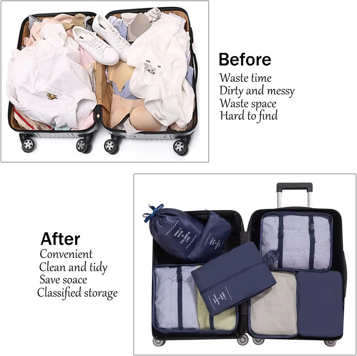 7 Set Packing Cubes for Suitcases,Travel Cubes Packing Luggage Organizers Accessories Bag,Large Lightweight Waterproof Storage Bag,Travel Gear with Toiletries Cosmetic Clothes Shoe Bag (Navy Blue)