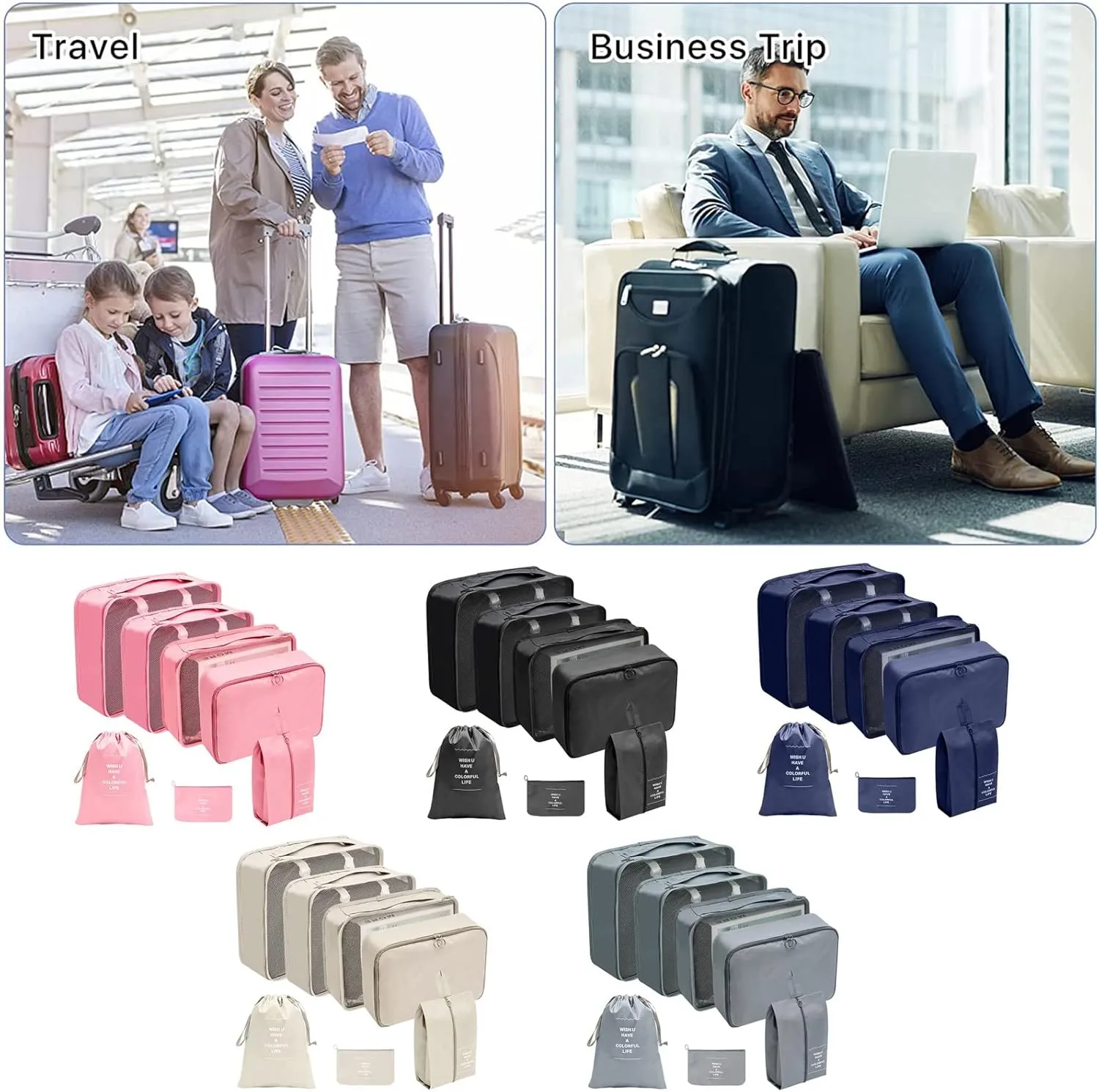 7PCS Packing Cubes for Travel, Travel Cubes Set Foldable Suitcase Organizer Lightweight Luggage Storage Bag Luggage Packing Organizers (Grey)