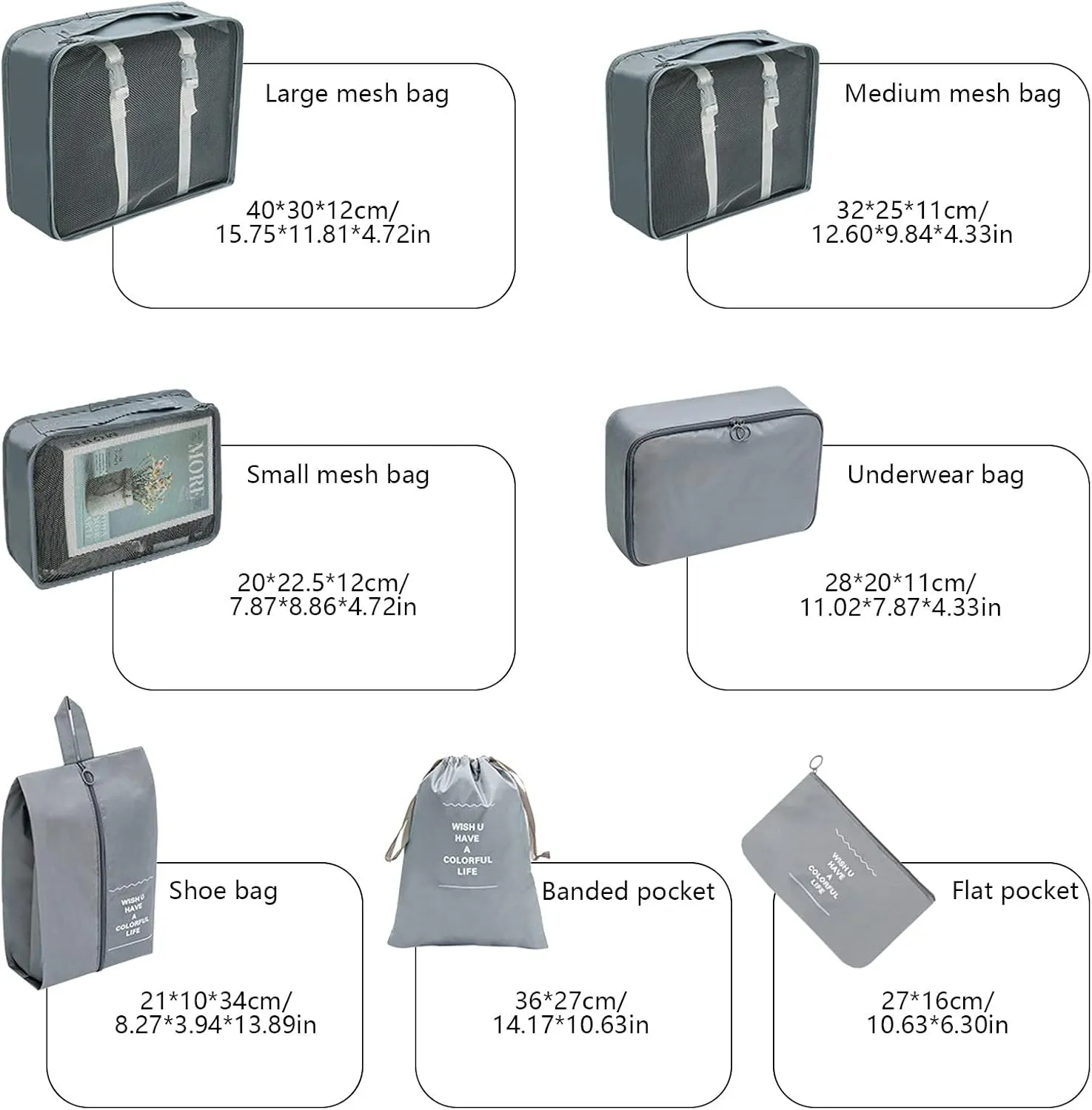 7PCS Packing Cubes for Travel, Travel Cubes Set Foldable Suitcase Organizer Lightweight Luggage Storage Bag Luggage Packing Organizers (Grey)