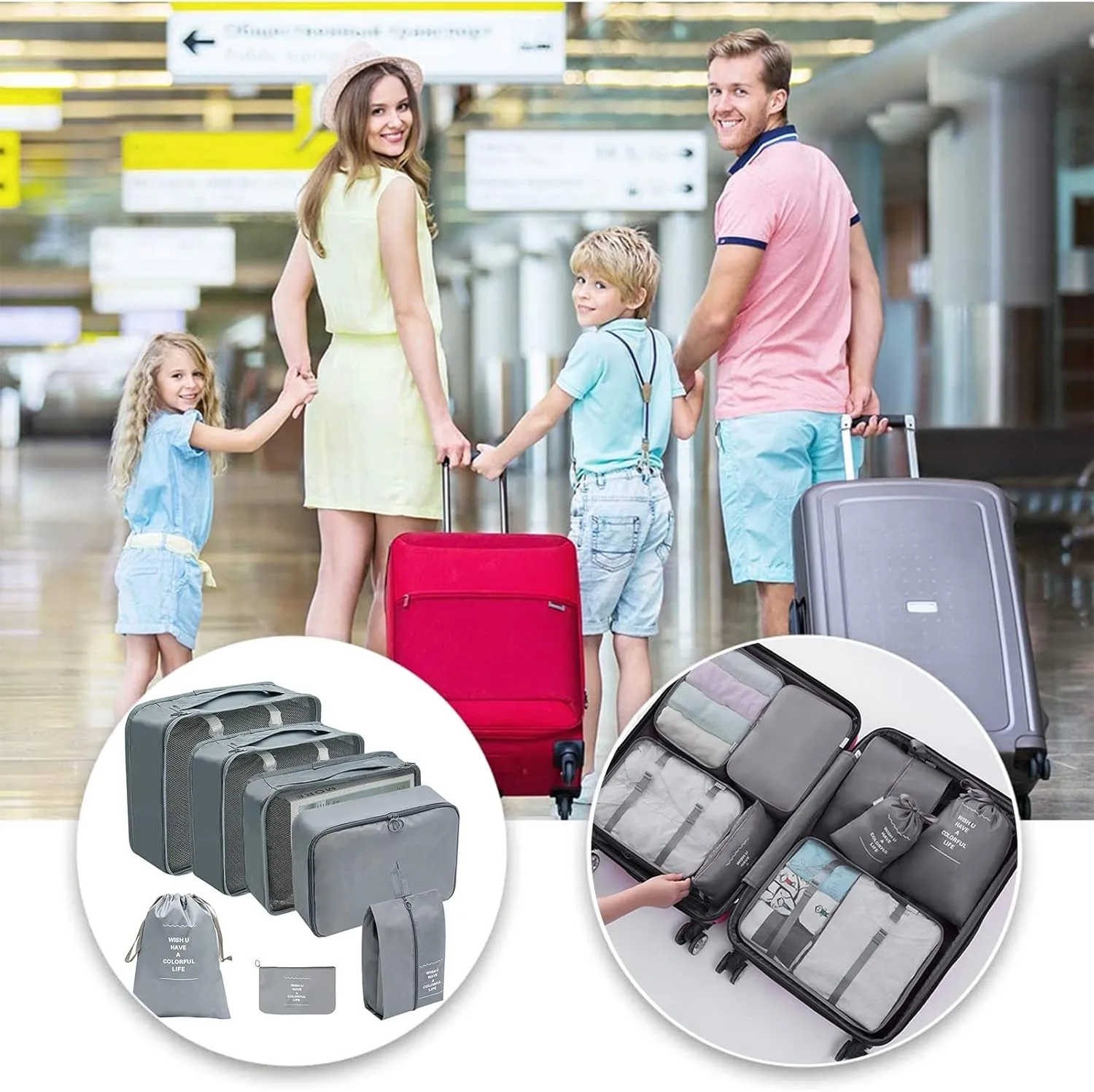 7PCS Packing Cubes for Travel, Travel Cubes Set Foldable Suitcase Organizer Lightweight Luggage Storage Bag Luggage Packing Organizers (Grey)