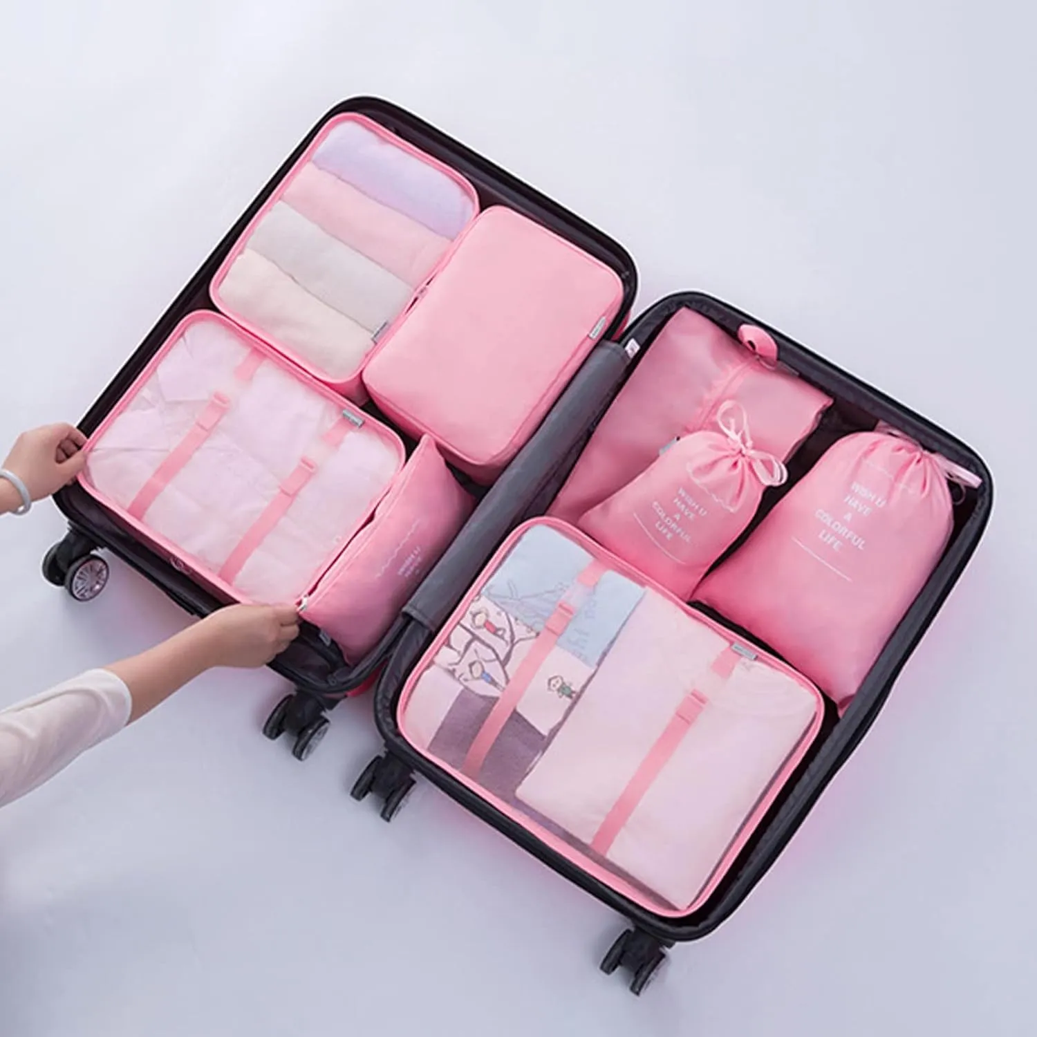 7PCS Packing Cubes for Travel, Travel Cubes Set Foldable Suitcase Organizer Lightweight Luggage Storage Bag Luggage Packing Organizers (Pink)