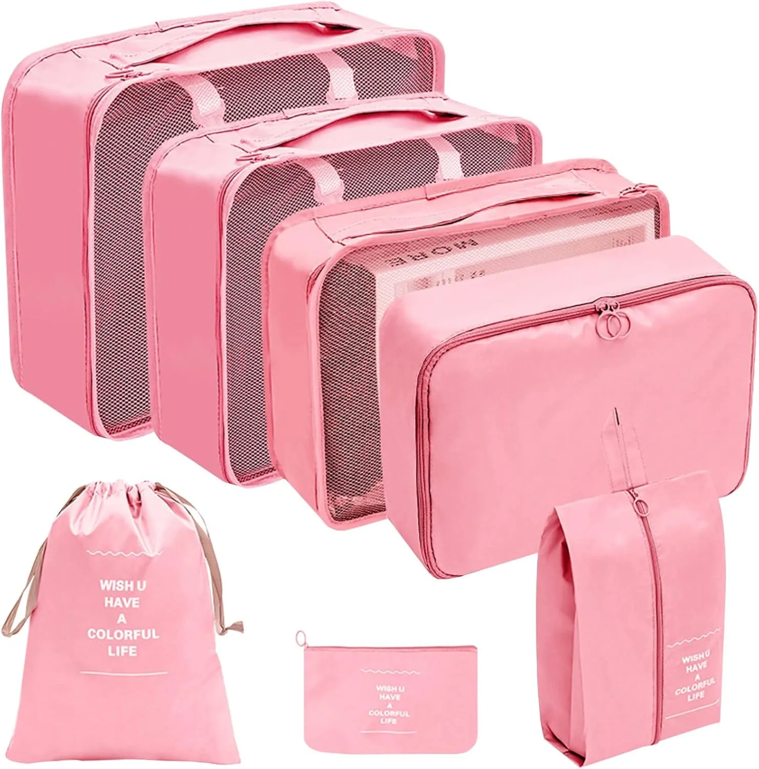 7PCS Packing Cubes for Travel, Travel Cubes Set Foldable Suitcase Organizer Lightweight Luggage Storage Bag Luggage Packing Organizers (Pink)