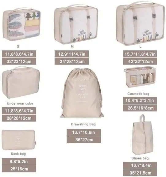 8 Set Packing Cubes for Suitcases, Travel Luggage Packing Organizer Set Clothing Underwear Bag, Suitcase Organizer Bags Shoes Cosmetics Toiletries Storage Bags for Man & Women (Beige)
