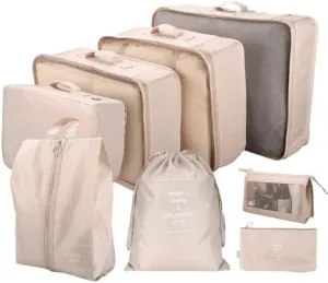 8 Set Packing Cubes for Suitcases, Travel Luggage Packing Organizer Set Clothing Underwear Bag, Suitcase Organizer Bags Shoes Cosmetics Toiletries Storage Bags for Man & Women (Beige)