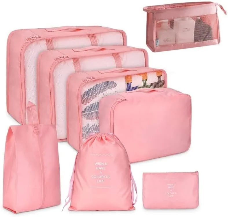 8 Set Packing Cubes for Suitcases, Travel Luggage Packing Organizer Set Clothing Underwear Bag, Suitcase Organizer Bags Shoes Cosmetics Toiletries Storage Bags for Man & Women (Pink)