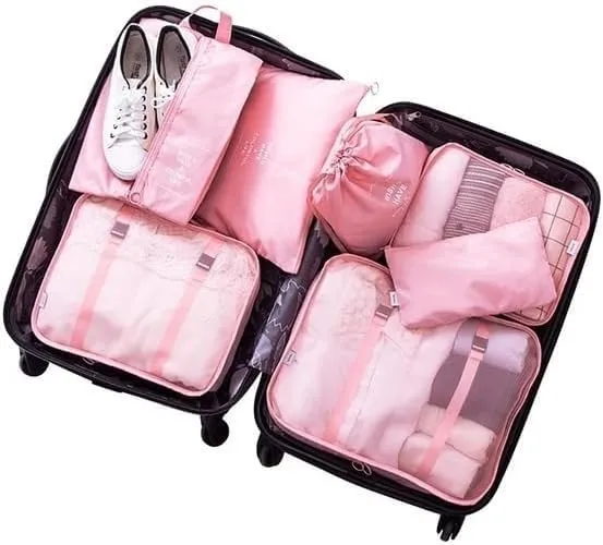 8 Set Packing Cubes for Suitcases, Travel Luggage Packing Organizer Set Clothing Underwear Bag, Suitcase Organizer Bags Shoes Cosmetics Toiletries Storage Bags for Man & Women (Pink)