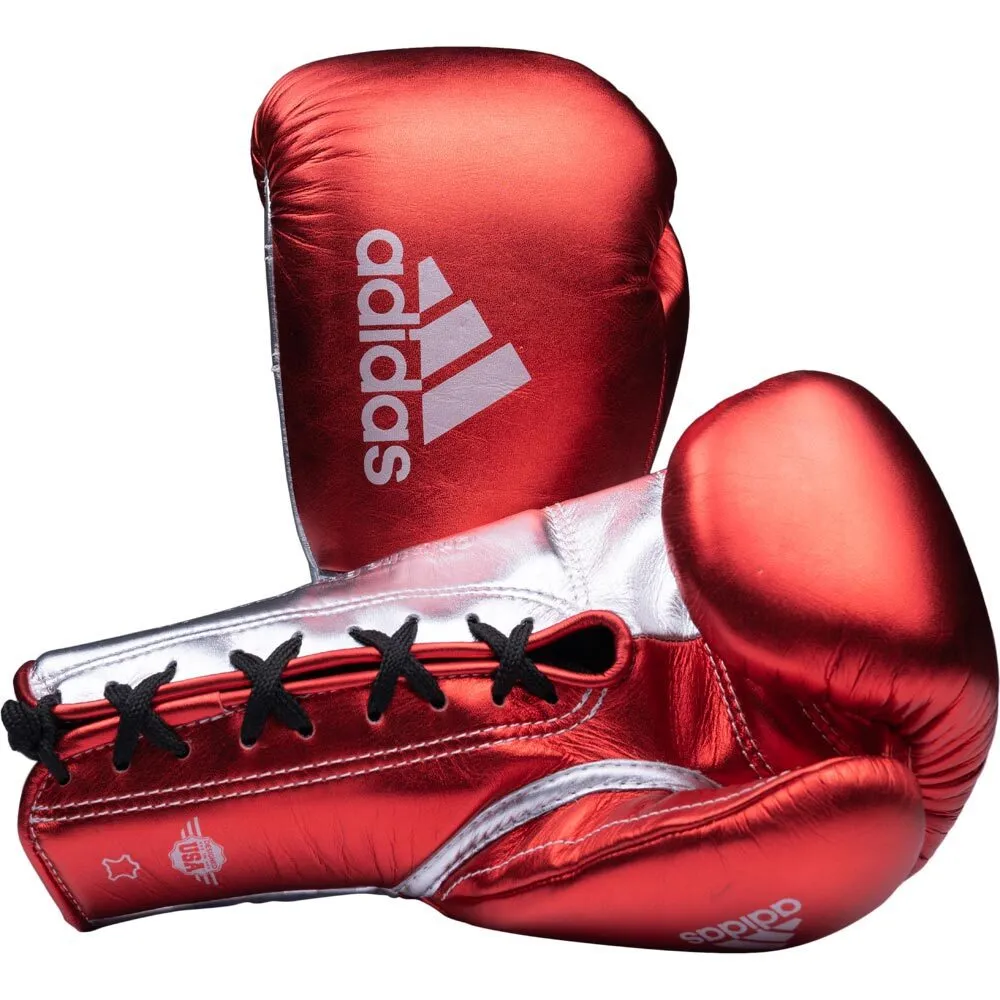 Adidas Adipower Pro Metallic Lace Up Boxing Gloves - Red Silver