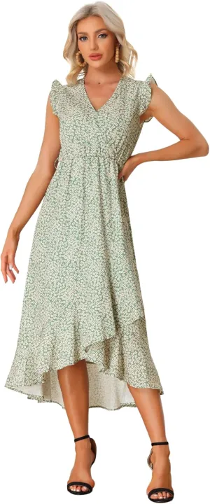 Allegra K Flowy Ruffle Midi Dress for Women's Summer Beach Sleeveless Wrap V Neck Split Midi Dresses