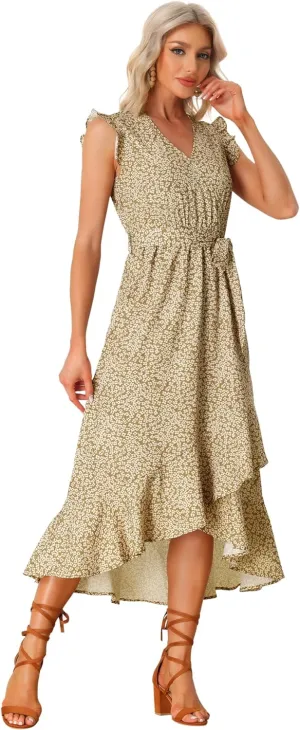 Allegra K Flowy Ruffle Midi Dress for Women's Summer Beach Sleeveless Wrap V Neck Split Midi Dresses