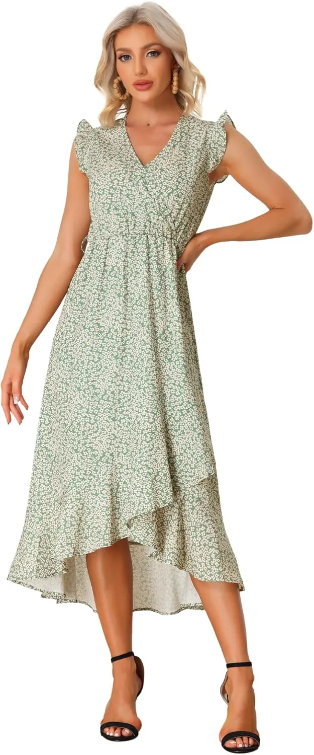 Allegra K Flowy Ruffle Midi Dress for Women's Summer Beach Sleeveless Wrap V Neck Split Midi Dresses