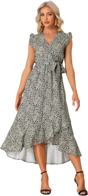 Allegra K Flowy Ruffle Midi Dress for Women's Summer Beach Sleeveless Wrap V Neck Split Midi Dresses