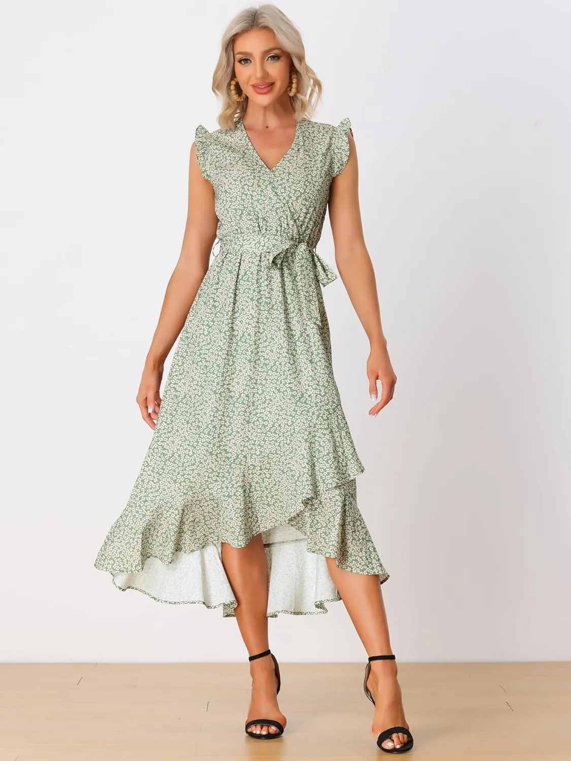 Allegra K Flowy Ruffle Midi Dress for Women's Summer Beach Sleeveless Wrap V Neck Split Midi Dresses