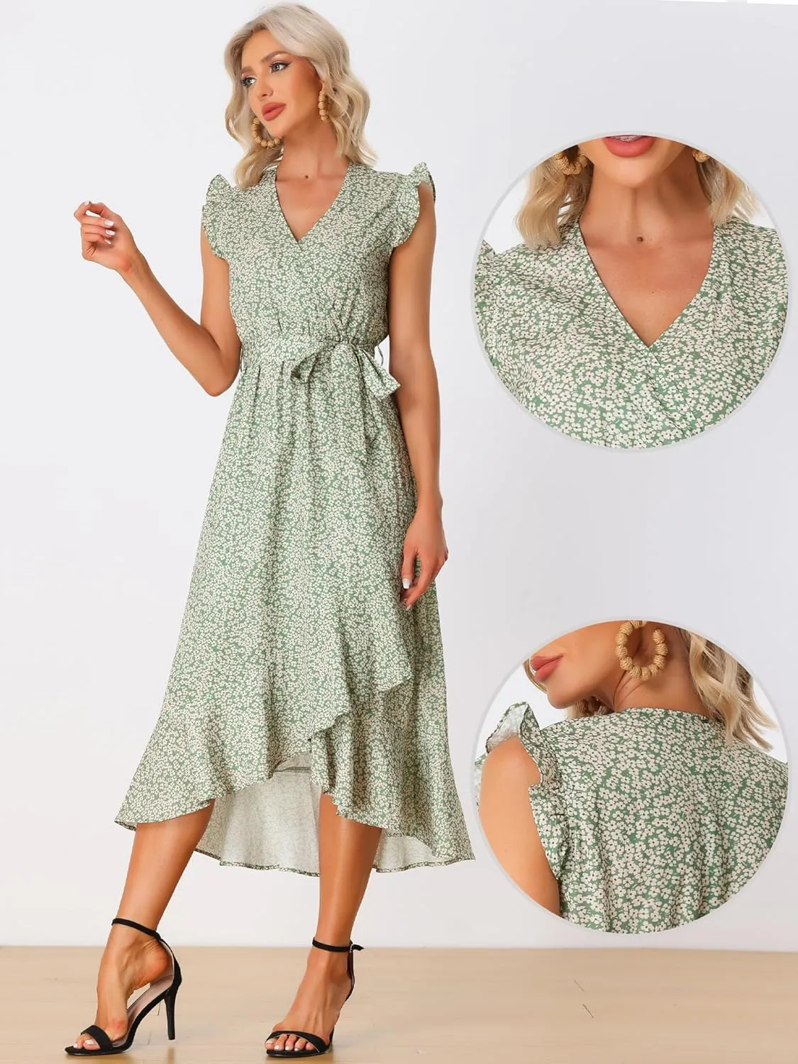 Allegra K Flowy Ruffle Midi Dress for Women's Summer Beach Sleeveless Wrap V Neck Split Midi Dresses