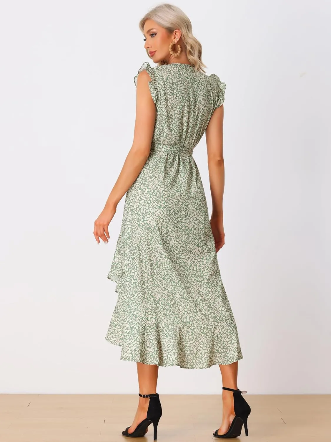 Allegra K Flowy Ruffle Midi Dress for Women's Summer Beach Sleeveless Wrap V Neck Split Midi Dresses