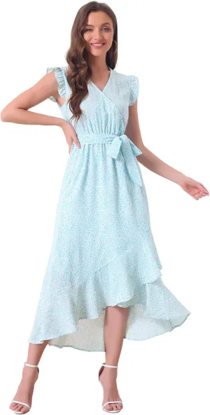 Allegra K Flowy Ruffle Midi Dress for Women's Summer Beach Sleeveless Wrap V Neck Split Midi Dresses