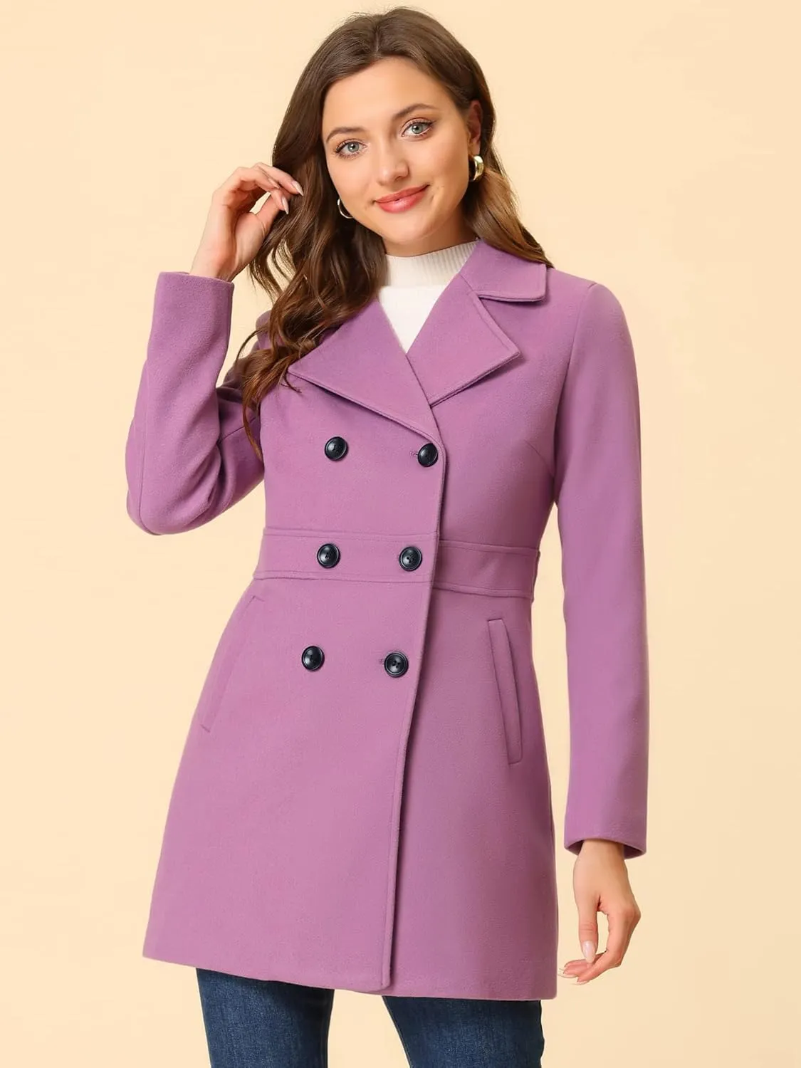 Allegra K Women's 2024 Winter Outerwear Mid-Long Double Breasted Pea Coat