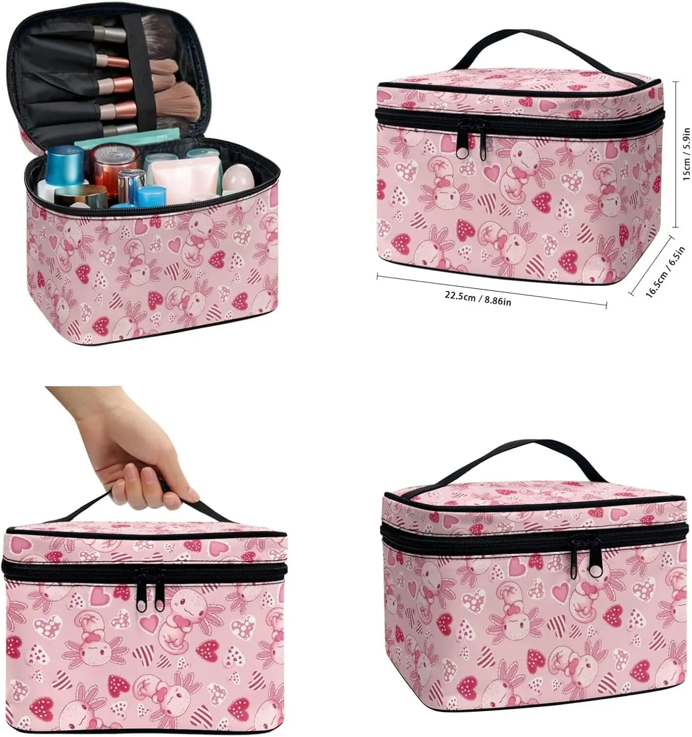 Axolotl Cute Travel Makeup Bag Cosmetic Bag Pouch Gifts for Women Love Heart Valentine's Day Cosmetic Organizer Stylish Womens 3 Pack Wash Bags