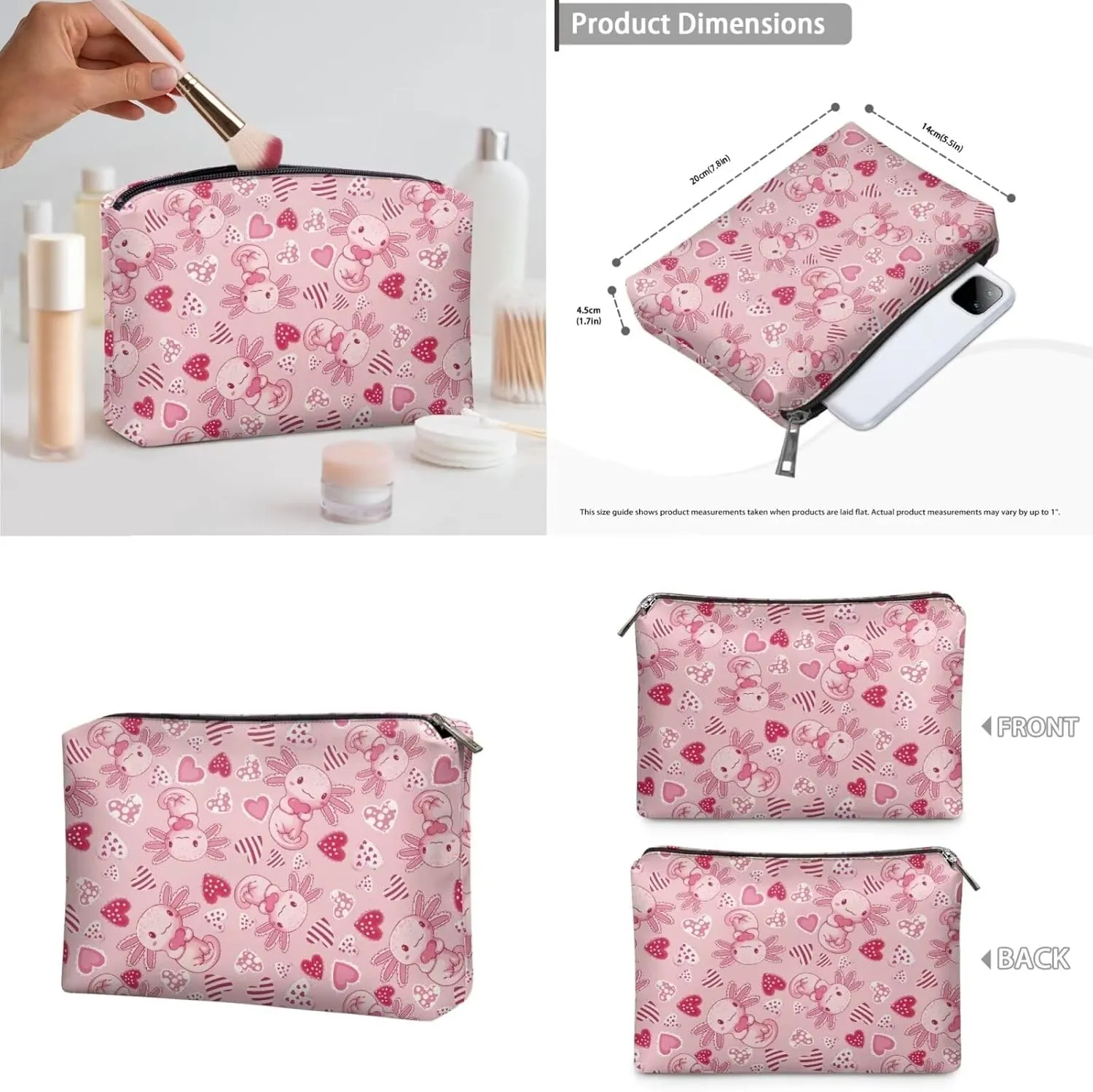 Axolotl Cute Travel Makeup Bag Cosmetic Bag Pouch Gifts for Women Love Heart Valentine's Day Cosmetic Organizer Stylish Womens 3 Pack Wash Bags