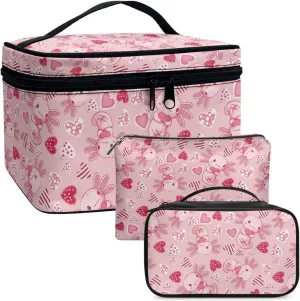 Axolotl Cute Travel Makeup Bag Cosmetic Bag Pouch Gifts for Women Love Heart Valentine's Day Cosmetic Organizer Stylish Womens 3 Pack Wash Bags