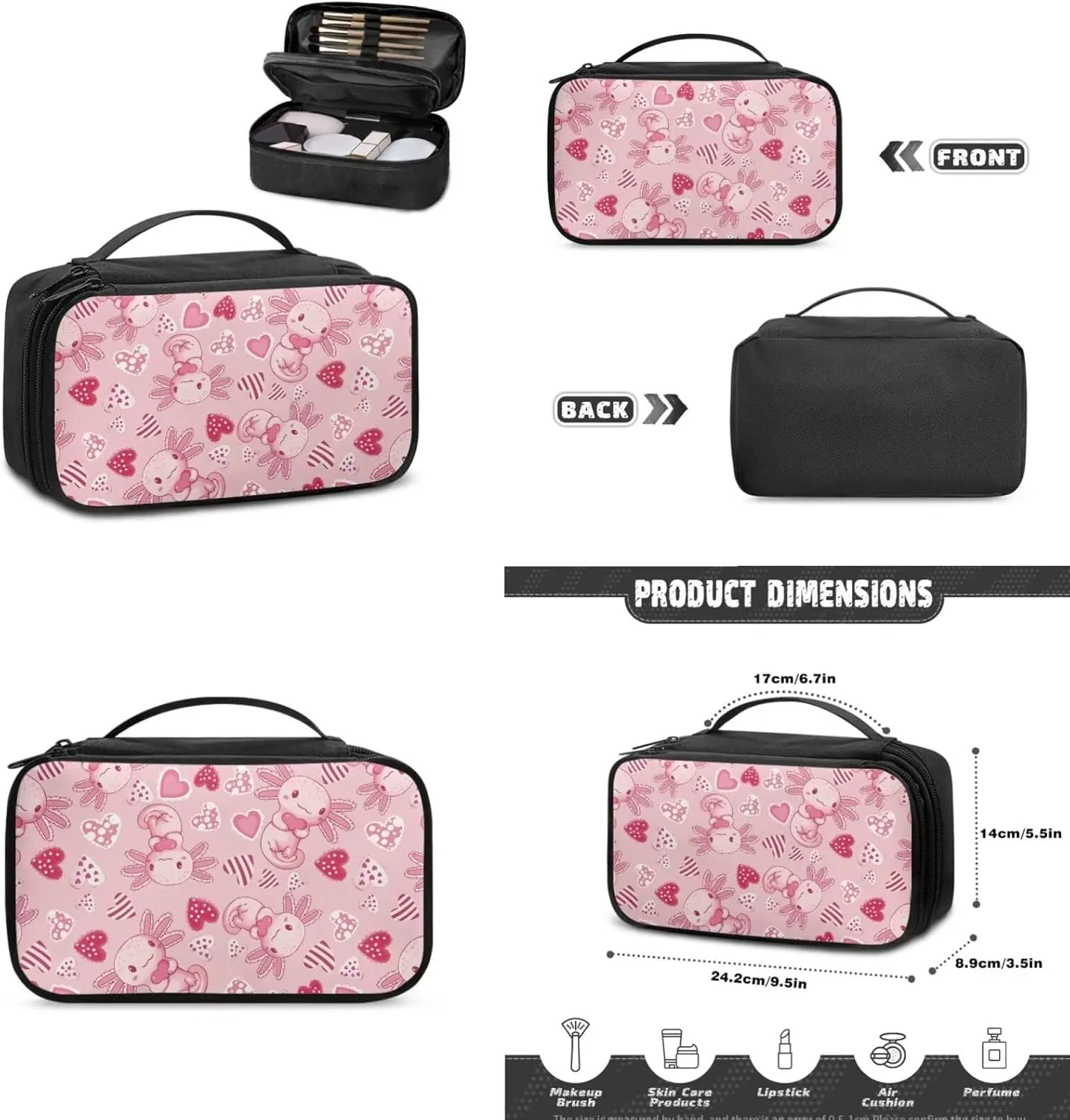 Axolotl Cute Travel Makeup Bag Cosmetic Bag Pouch Gifts for Women Love Heart Valentine's Day Cosmetic Organizer Stylish Womens 3 Pack Wash Bags